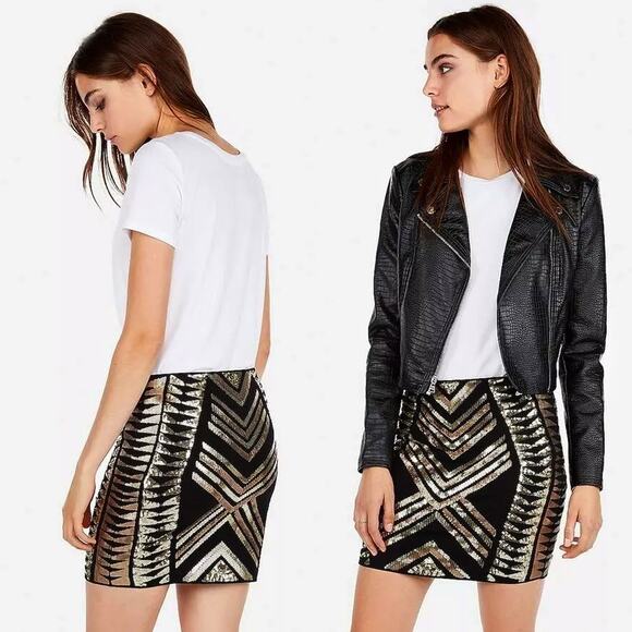 Express : NEW $70 Sequin Chevron Mini Skirt Black Gold Copper : Size S / P - Picture 1 of 8